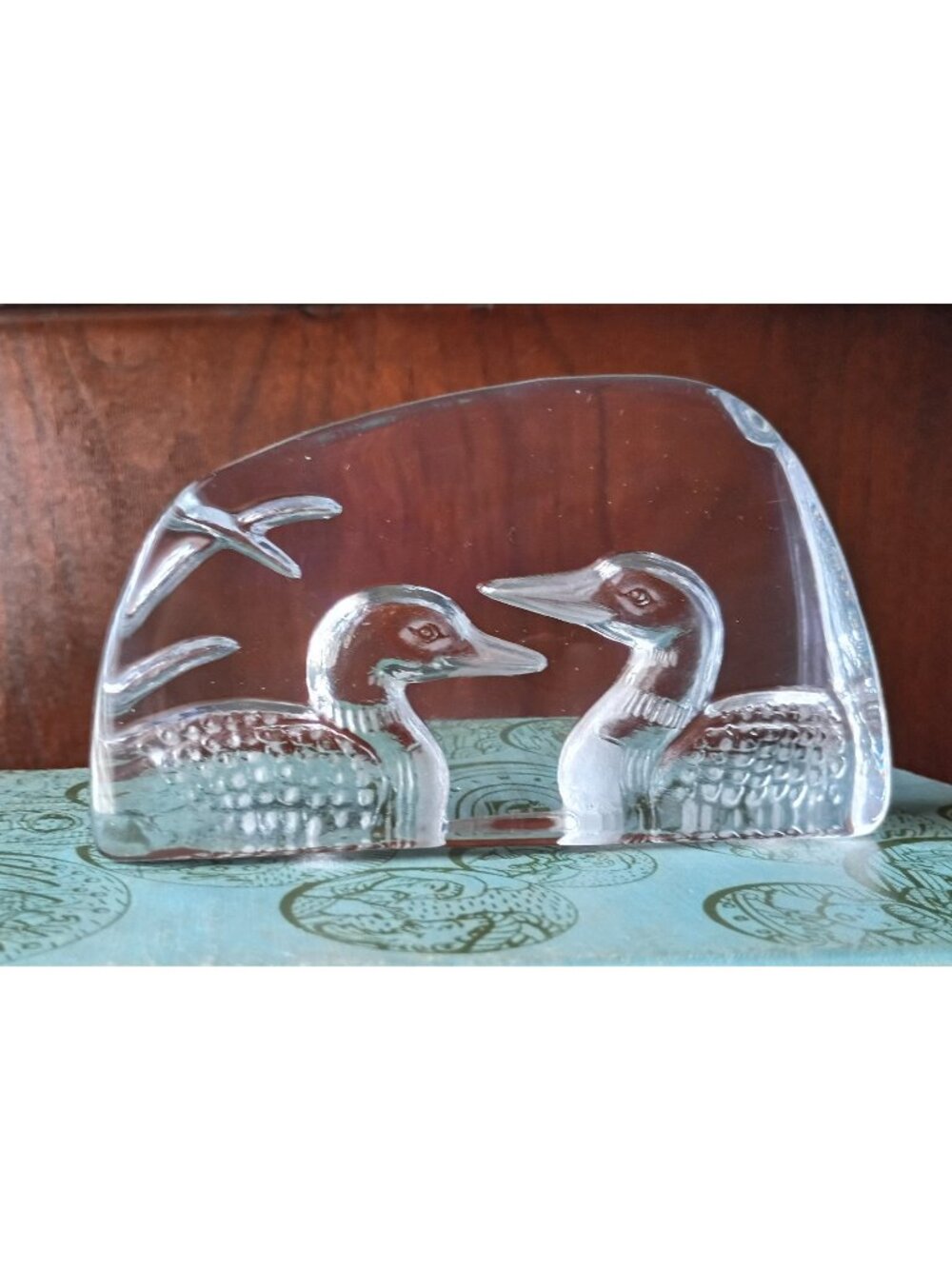Vintage Solid Clear Glass Etched Duck Loon Paperweight Water Fowl Cabin Core